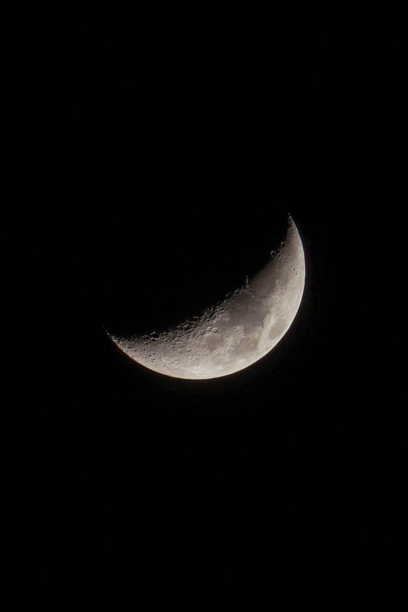 Crescent moon tilted against a pure black sky, craters standing out along the terminator where light meets shadow