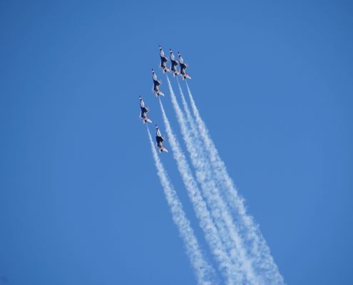 Thunderbirds flying in formation over Nellis Air Force Base in Las Vegas, NV